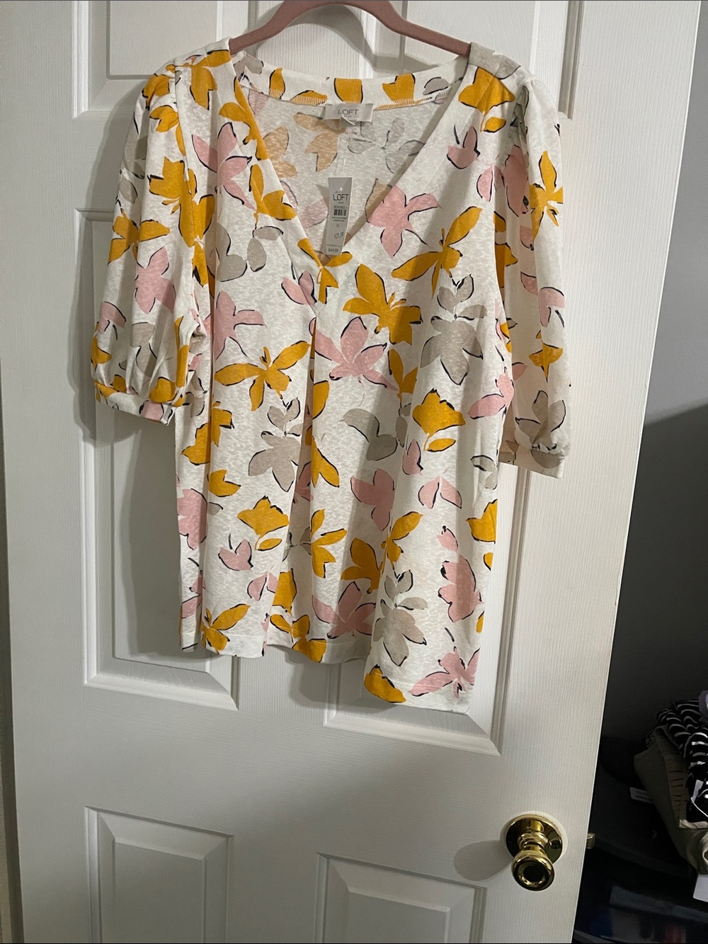 LOFT Cream Floral V-Neck Puff Sleeve Top - Pink, Yellow, Beige